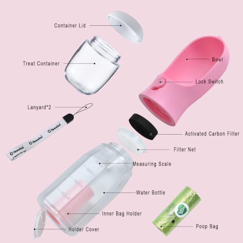 Dog Water Bottle with Food Container & Poop Bag Holder & Filter