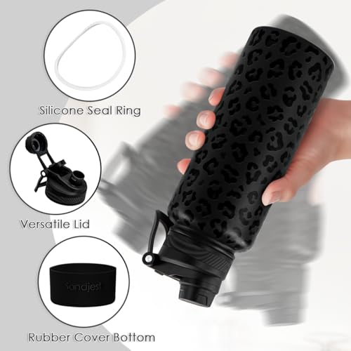 Black Leopard Skin Stainless Steel Water Bottle with Strap 32oz