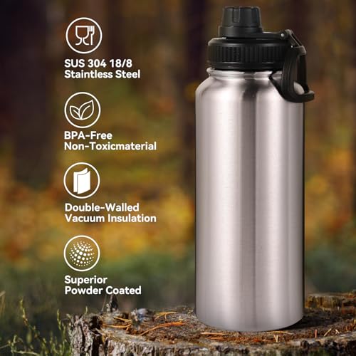 32 oz Insulated Water Bottles Bulk with 2 Lids (8 Count)