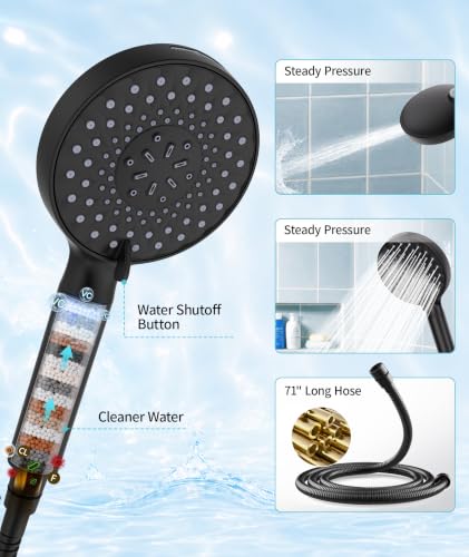 Filtered Shower Head with Handheld High Pressure 9 Spray Mode Showerhead Detachable Shower Head Water Softener Filters Beads for Hard Water Remove Chlorine 1 Filter Matte Black
