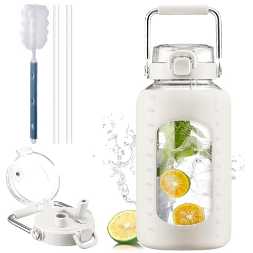 84oz Water Bottle Glass with Stainless Steel Handle Large 2.5l Water Bottle with Time Markers and Silicone Sleeve Half Gallon Water Jug BPA Free for Gym Daily Use