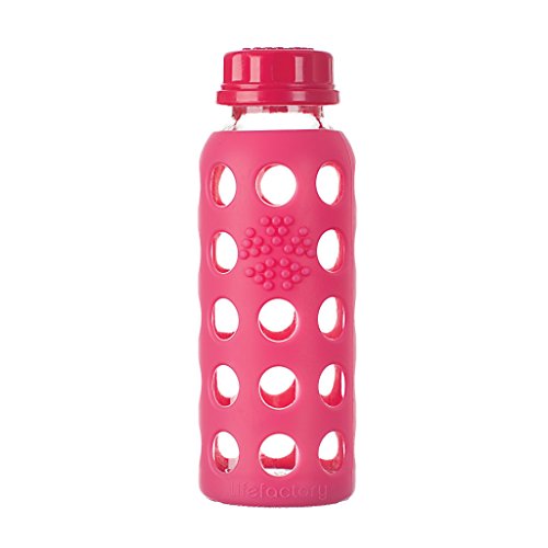 9-Ounce BPA-Free Glass Water Bottle with Flat Cap and Silicone Sleeve, Raspberry