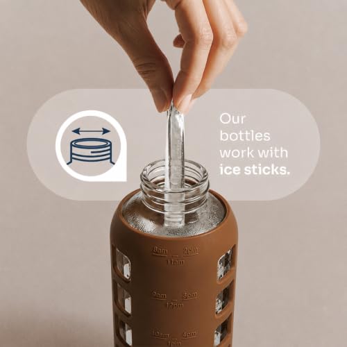 40oz / 32oz / 22oz / 12oz Borosilicate Glass Water Bottle with Time & Volume Markers, Silicone Sleeve, Stainless Steel Lid | Reusable Glass Bottle for Water & Juice (22oz Earth Brown)