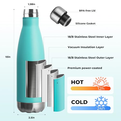 17oz Sport Water Bottle 12 Pack Vacuum Insulated Stainless Steel Leak (12 Count)