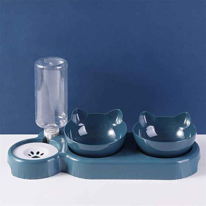 Triple Cat Bowls for Food and Water, Plastic Raised Cat Dishes, Automatic Water Bottle 3 in 1 Pet Bowls 2 Food Bowls and Water Feeder Set Wet Dry Food Bowl Set for Cats Puppy Small Dogs (Navy Blue)