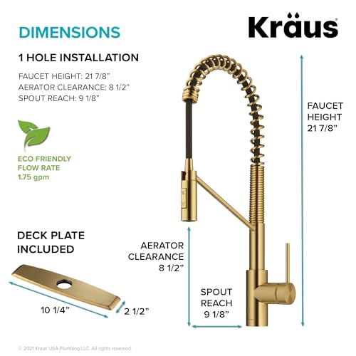 Oletto Commercial Style Single Handle Pull Down Kitchen Faucet with QuickDock Top Mount Installation Assembly in Brushed Brass