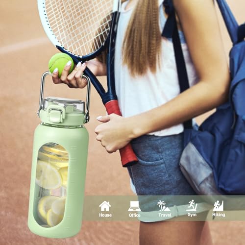 64oz Water Bottle Glass with Stainless Steel Handle Large Water Bottle with Time Markers and Silicone Sleeve Half Gallon Water Jug BPA Free for Gym Daily Use