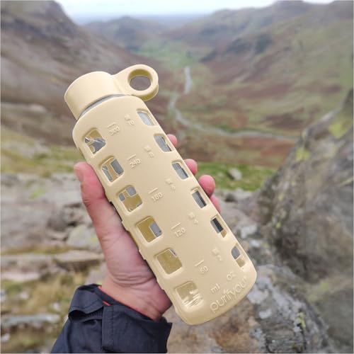 40oz / 32oz / 22oz / 12oz Borosilicate Glass Water Bottle with Time & Volume Markers, Silicone Sleeve, Stainless Steel Lid | Reusable Glass Bottle for Water & Juice (12oz Pearled Ivory)