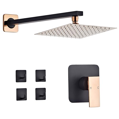 Shower Faucet Set Bathroom Matte Black and Rose Gold Rainfall Shower System Wall Mount with 8 Inch Square Shower Head
