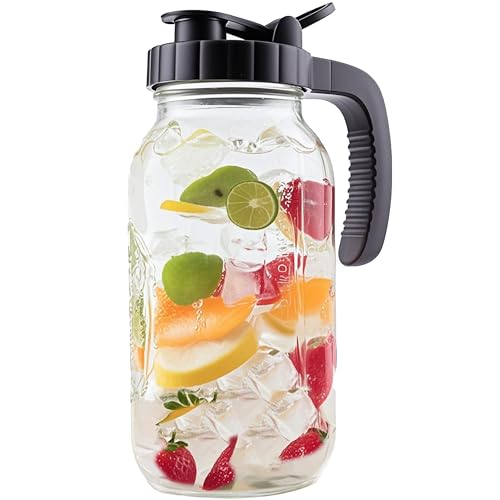 Glass Mason Jar Pitcher With Lid 2 Quart Sun Tea Glass Pitcher 64 Oz Wide Mouth Half Gallon Hot Cold Water Coffee Jug Carafe For Fridge Lemonade