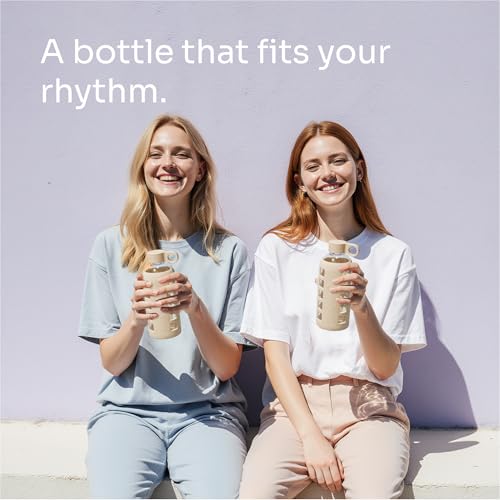 40oz / 32oz / 22oz / 12oz Borosilicate Glass Water Bottle with Time & Volume Markers, Silicone Sleeve, Stainless Steel Lid | Reusable Glass Bottle for Water & Juice (22oz Pearled Ivory)