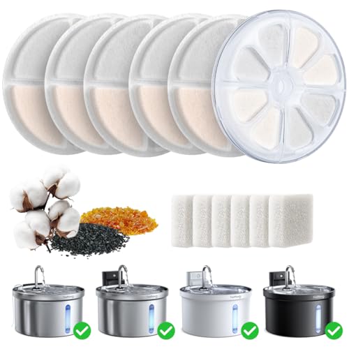 6 Pack Cat Water Fountain Filter & 6 Pack Pump Filter Sponges Replacement for [FN
