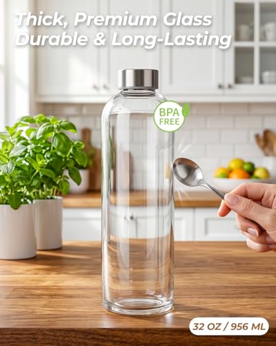 32 oz Large Glass Juice Bottles with Stainless Steel Lids Leak Proof (3 Count)