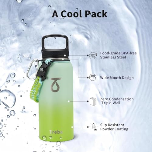 Insulated Water Bottle 32 oz with 3 Lids