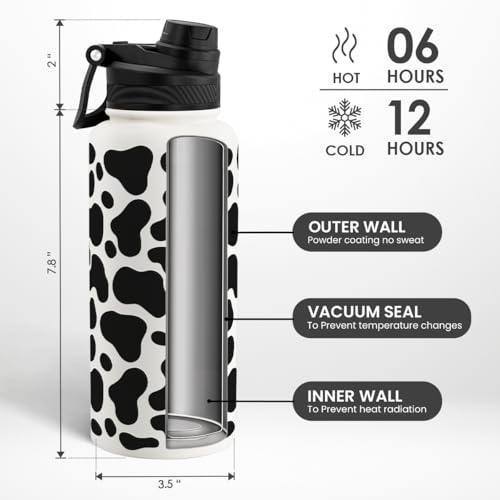 Cow Skin Stainless Steel Water Bottle with Strap 32oz