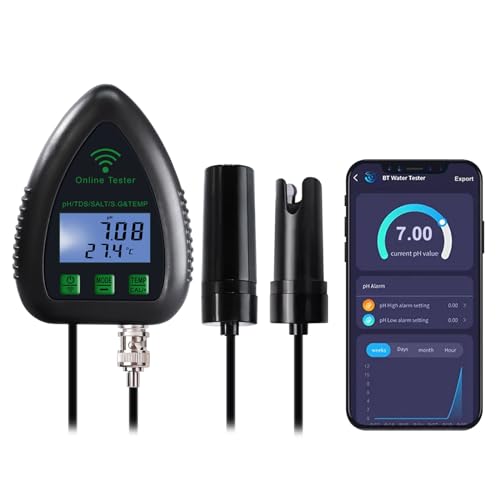 5-in-1 WiFi pH Meter Monitor, Water Quality Tester for pH TDS Salinity S.G Temperature, Tuya Smart APP Remote Monitoring with Alarm & Easy Calibration, for Aquarium Hydroponics
