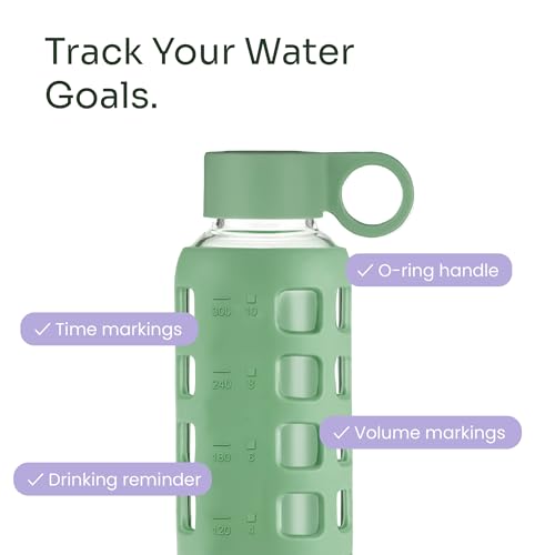 40oz / 32oz / 22oz / 12oz Borosilicate Glass Water Bottle with Time & Volume Markers, Silicone Sleeve, Stainless Steel Lid | Reusable Glass Bottle for Water & Juice (12oz Shale Green)