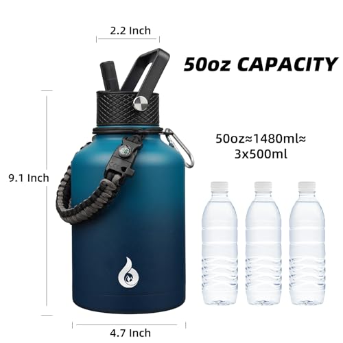 50oz Insulated Water Bottle with Straw Lid Stainless Steel Water Jug