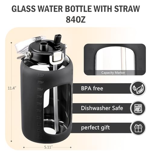 84oz Water Bottle Glass with Stainless Steel Handle Large 2.5l Water Bottle with Time Markers and Silicone Sleeve Half Gallon Water Jug BPA Free for Gym Daily Use