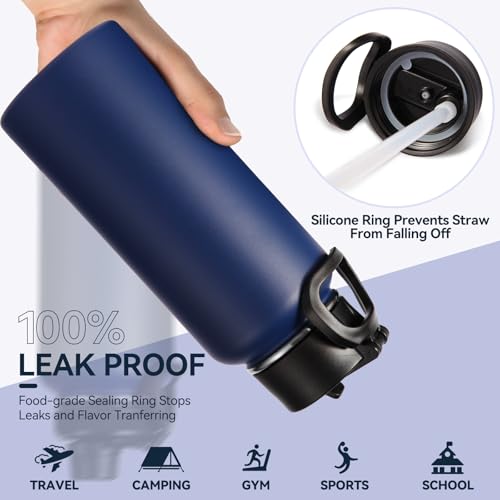 32 oz Insulated Water Bottles Bulk with 2 Lids (8 Count)