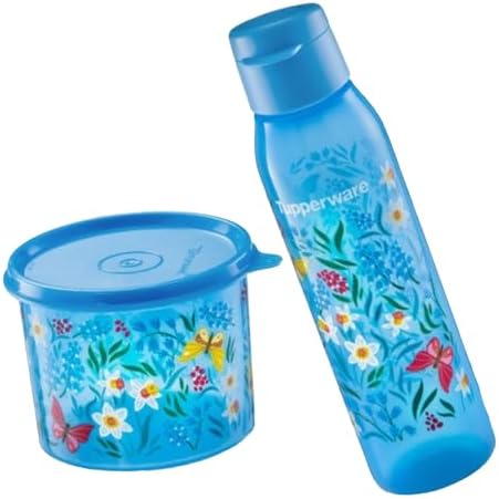 Tupperware Pretty Blooms ECO Water 500ml Bottle and Mini Canister Set of 2 in Blue