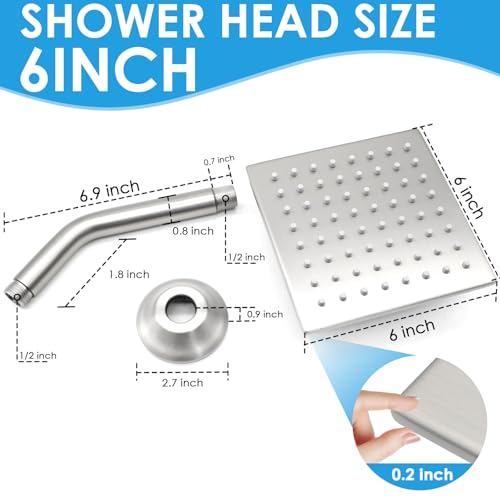 6 Inch Square Shower Head Stainless Steel High Pressure Rain Shower Heads with Extension Arm Adjustable Angle Replacement Shower Head for Modern Bathroom