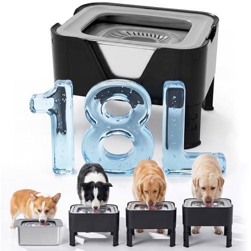 18L (4.7Gal) Extra Large (17.9x14x14.7) Elevated Dog Water Bowl, Height Adjustable Raised Stand for Large & XL Dogs, Stainless Steel No-Spill Bowl with Replaceable Filter for Multi Dog, No Pump