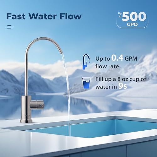 RO500-BN, NSF Certified Tankless RO Reverse Osmosis Water Filtration System, 500 GPD Fast Flow, Brushed Nickel Faucet, 2:1 Pure to Drain Ratio, White