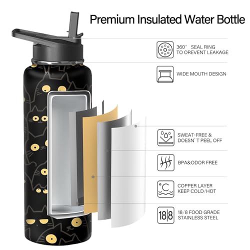40oz Cat Water Bottle with Handle and Flip Straw