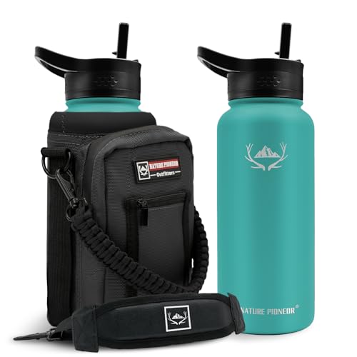 32 oz Insulated Water Bottle with Carrier Bag & 3 Lids
