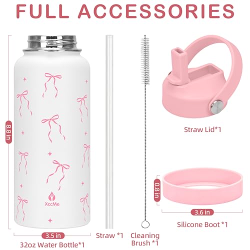 32oz Pink Bow Gift Insulated Water Bottle for Women with Straw