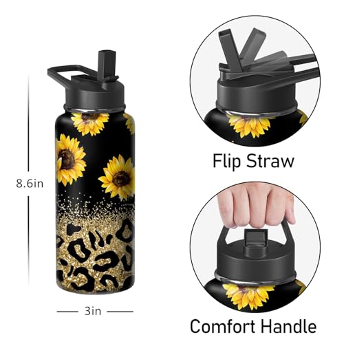 18oz Leopard Sunflower Water Bottle with Handle and Flip Straw