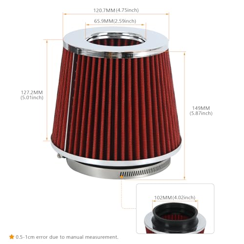 PTNHZ Universal Red 4" 102mm High Flow Cold Air Intake Cone Air Filter Power Intake Air Inlet System Air Cleaner