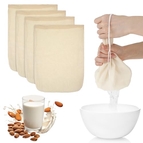4 Pack Nylon Nut Milk Bag 12 × 8 Inches Fine Mesh Cheese Cloth Multiple Usage Reusable Food Strainer Professional Cold Brew Filter for Straining Juice Coffee Yogurt Tea (4 Count)