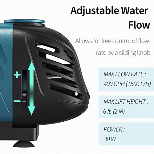 Aquarium 400 GPH Submersible and Inline Water Pump 30W 6ft High Lift AC 120 V Quiet Adjustable Return Pump with 6 ft. Power Cord for Fish Tanks Pond Waterfalls Fountains Sumps and Gardens