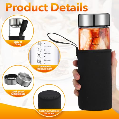 6 Pack 16 Oz Wide Mouth Glass Juice Bottles Glass Water Bottles with Lids and Sleeve for Juicing Smoothies Milk Protein Infused Water Reusable Leakproof Borosilicate Bottle (6 Count)