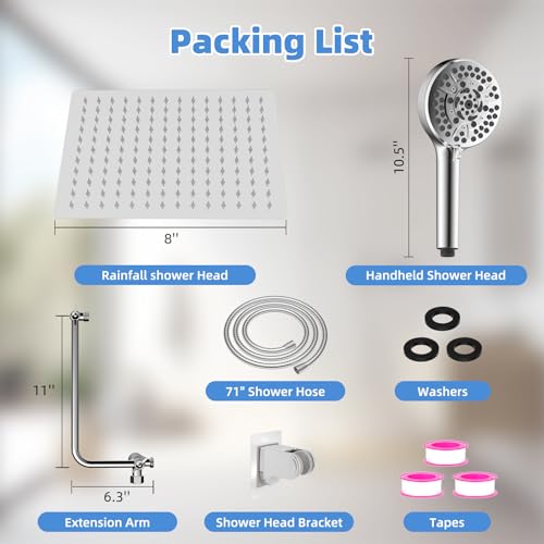 8" Metal Rainfall Shower Head with 10