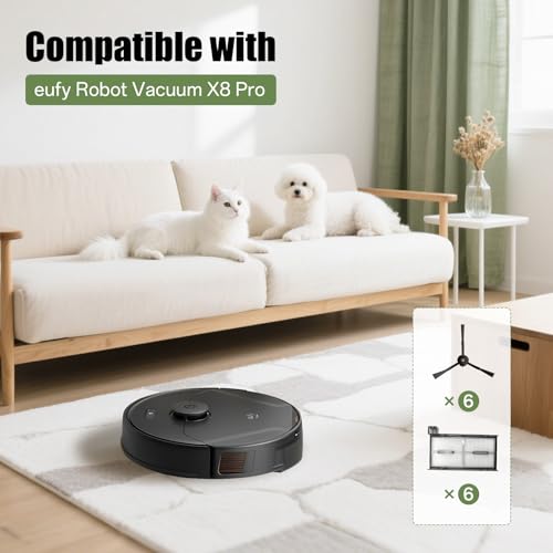 6 Pack Replacement Filters & 6 Side Brushes for eufy X8 Pro Robot Vacuum