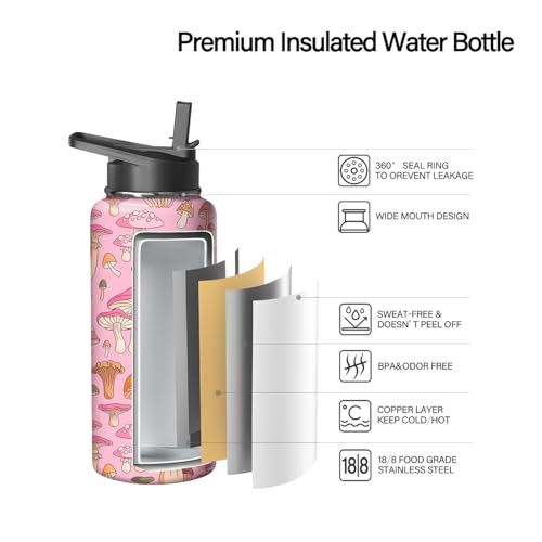 18oz Mushroom Water Bottle with Handle and Flip Straw