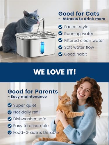 Cat Water Fountain Stainless Steel for Cats Indoor 2.5L 85oz by BPA