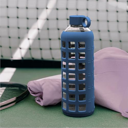 40oz / 32oz / 22oz / 12oz Borosilicate Glass Water Bottle with Time & Volume Markers, Silicone Sleeve, Stainless Steel Lid | Reusable Glass Bottle for Water & Juice (22oz Chinese Porcelain)
