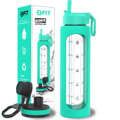 32 oz Glass Water Bottles with Straw Lid & Time Marker
