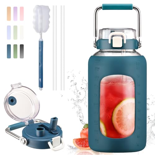 84oz Water Bottle Glass with Stainless Steel Handle Large 2.5l Water Bottle with Time Markers and Silicone Sleeve Half Gallon Water Jug BPA Free for Gym Daily Use