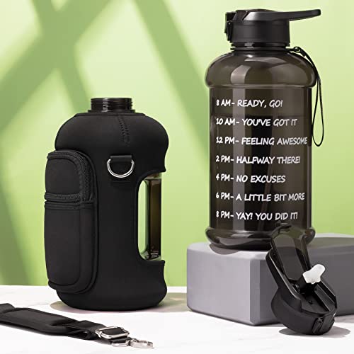 Half Gallon Water Bottle with Sleeve 64 OZ Water Bottle with Handle & Straw Leakproof Motivational Sports Gym Water Bottle with Time Marker BPA Free Water Jug with Neoprene Holder