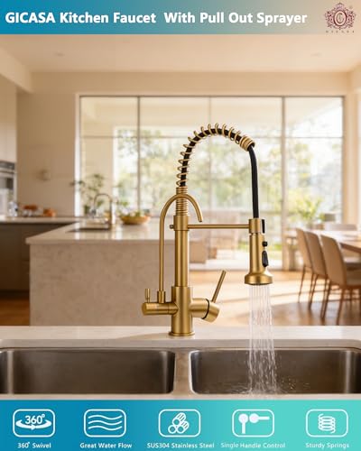 Commercial 3 in 1 Spring Brushed Gold Kitchen Faucet