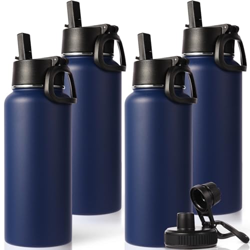 32 oz Insulated Water Bottles Bulk with 2 Lids (4 Count)