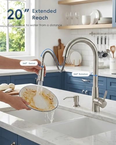 Brushed Nickel Kitchen Faucet with Soap Dispenser &Pull Down Sprayer