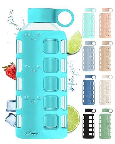 40oz / 32oz / 22oz / 12oz Borosilicate Glass Water Bottle with Time & Volume Markers, Silicone Sleeve, Stainless Steel Lid | Reusable Glass Bottle for Water & Juice (22oz Aqua Blue)