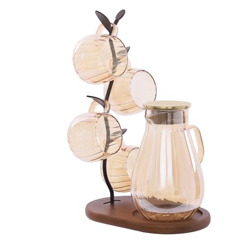 6 Pcs Glass Pitcher Set Jug with 6 Water Glasses & Cup Storage Shelf 1.5L (6 Count)