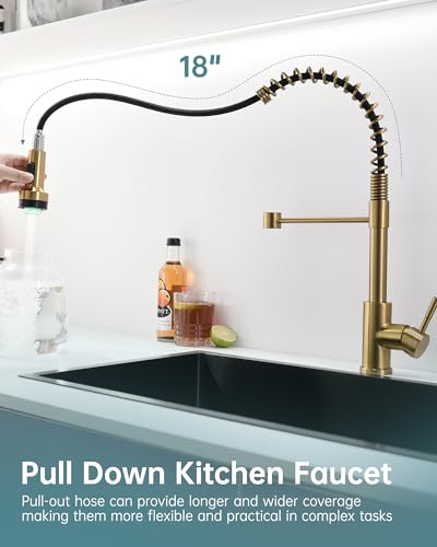 Gold LED Kitchen Faucet with Soap Dispenser and Pull Down Sprayer